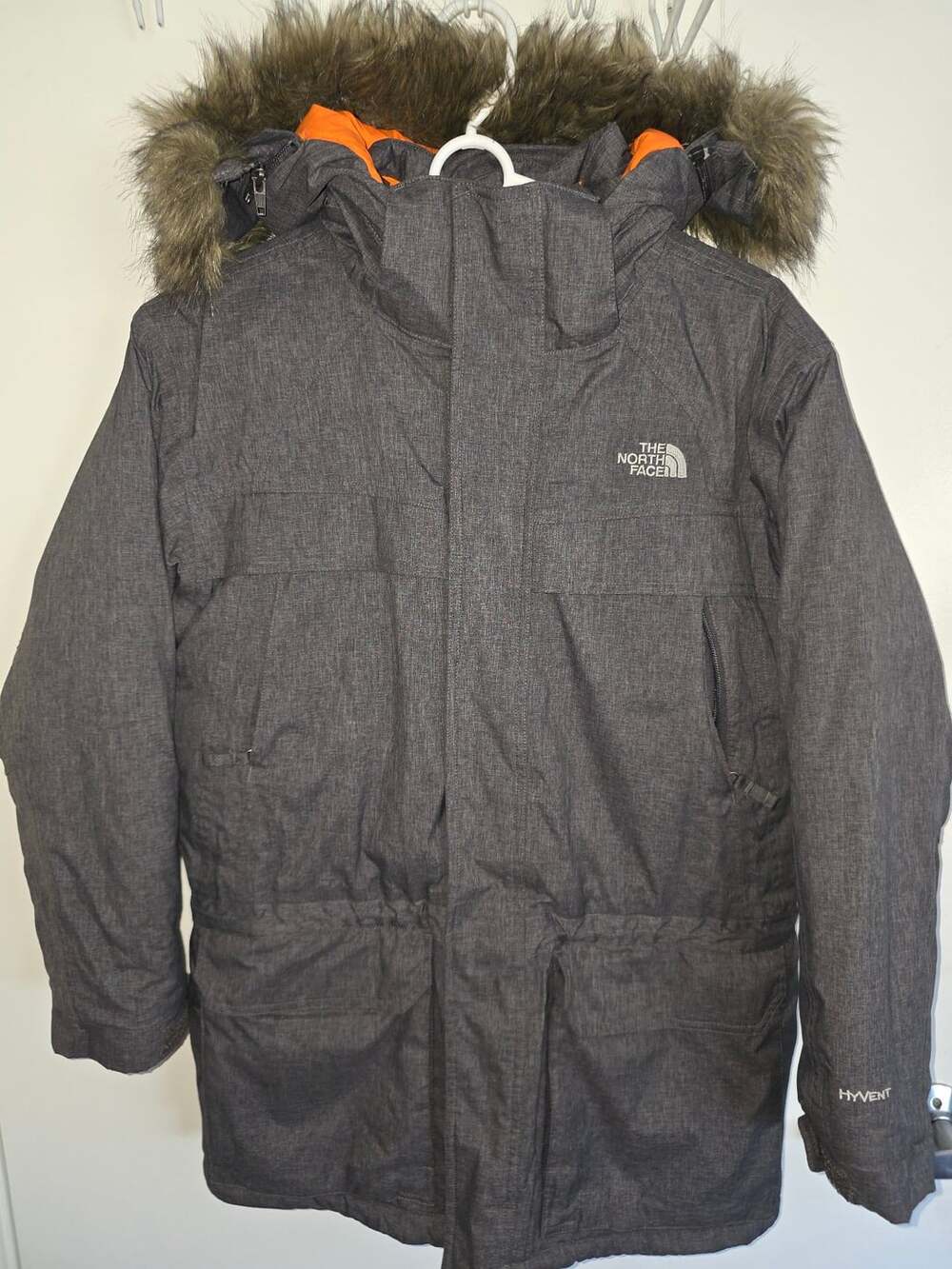 The North Face Hyvent Winter Parka Jacket Heather Faux Fur Hood Size L (14/16)
